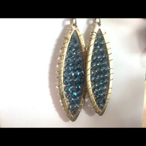 Blue beaded wire fashion earrings with gold.
